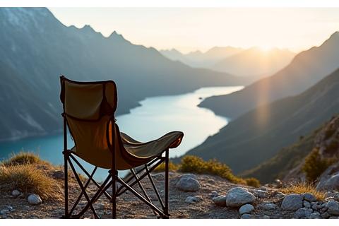 Ultralight backpacking chair set up on a rocky mountain trail with a sweeping vista in the background, emphasizing portability.