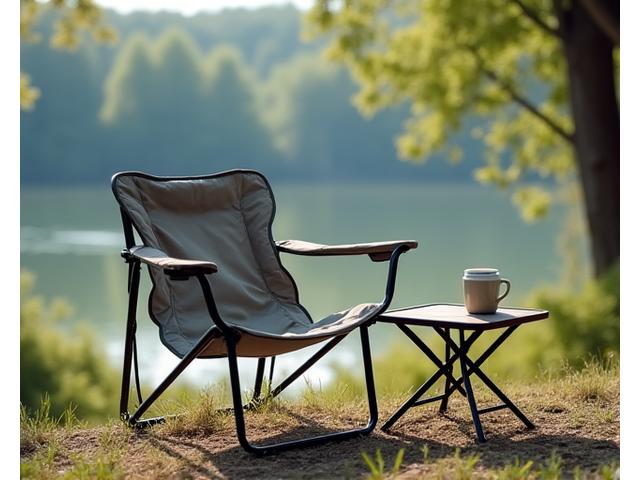A lightweight, foldable camping chair set up next to a small table with a mug, showing its portability and inviting comfort.