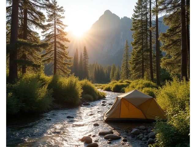 Lightweight solo backpacking tent pitched beside a clear mountain stream at sunrise.