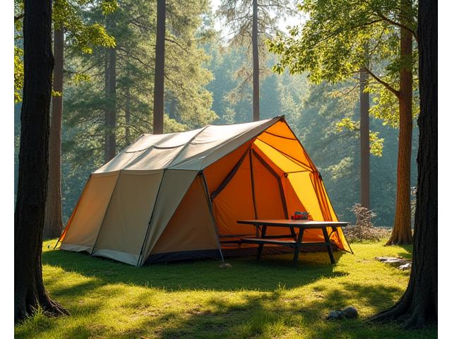 Spacious cabin tent set up in a lush forest campsite, sunlight filtering through trees.