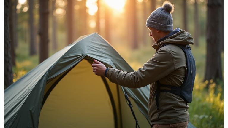A camper meticulously setting up a tent in a scenic outdoor setting, demonstrating proper technique.