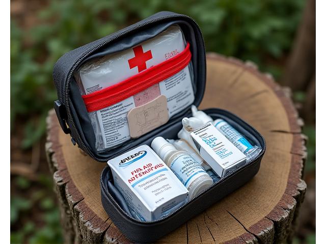 Essential camping first-aid kit laid out on a picnic table in a forest setting
