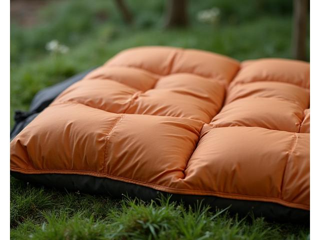 A cozy sleeping bag made from recycled materials, with a natural earth-tone color, laid out in an outdoor setting.