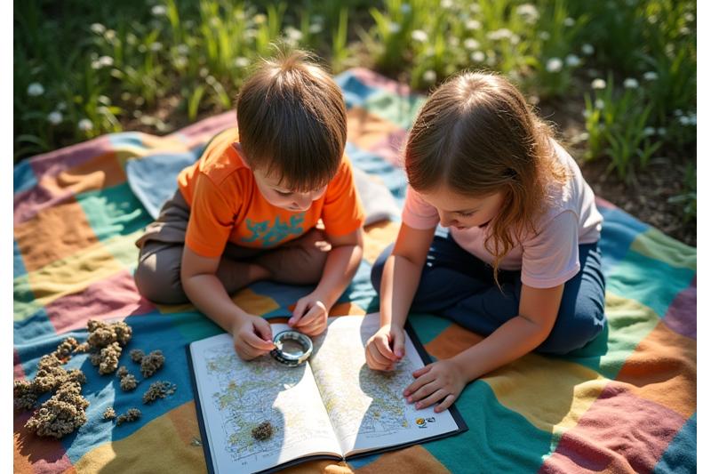 Children looking at a map on a large picnic blanket, surrounded by nature tools like magnifying glass and compass.