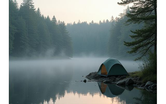 A serene campsite next to a calm lake surrounded by a dense forest in New England.