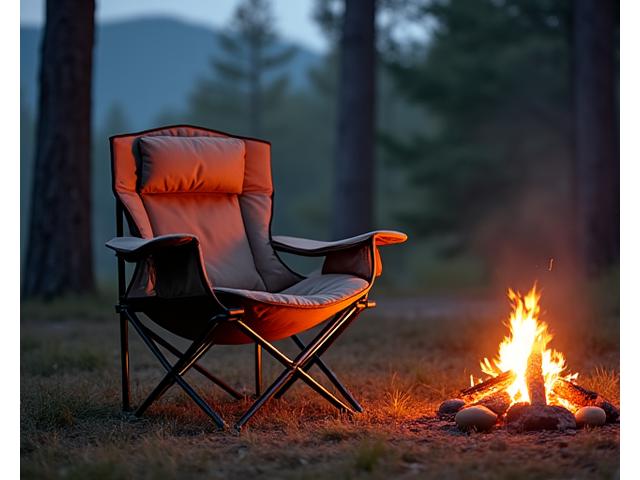 Foldable, padded camping chair next to a campfire at dusk.